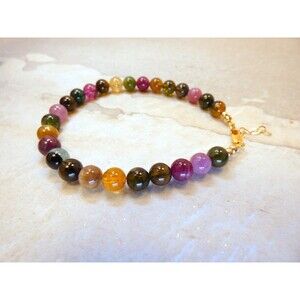 Natural Watermelon Tourmaline - 6mm Gold Beaded Bracelet  Colorful Gemstones